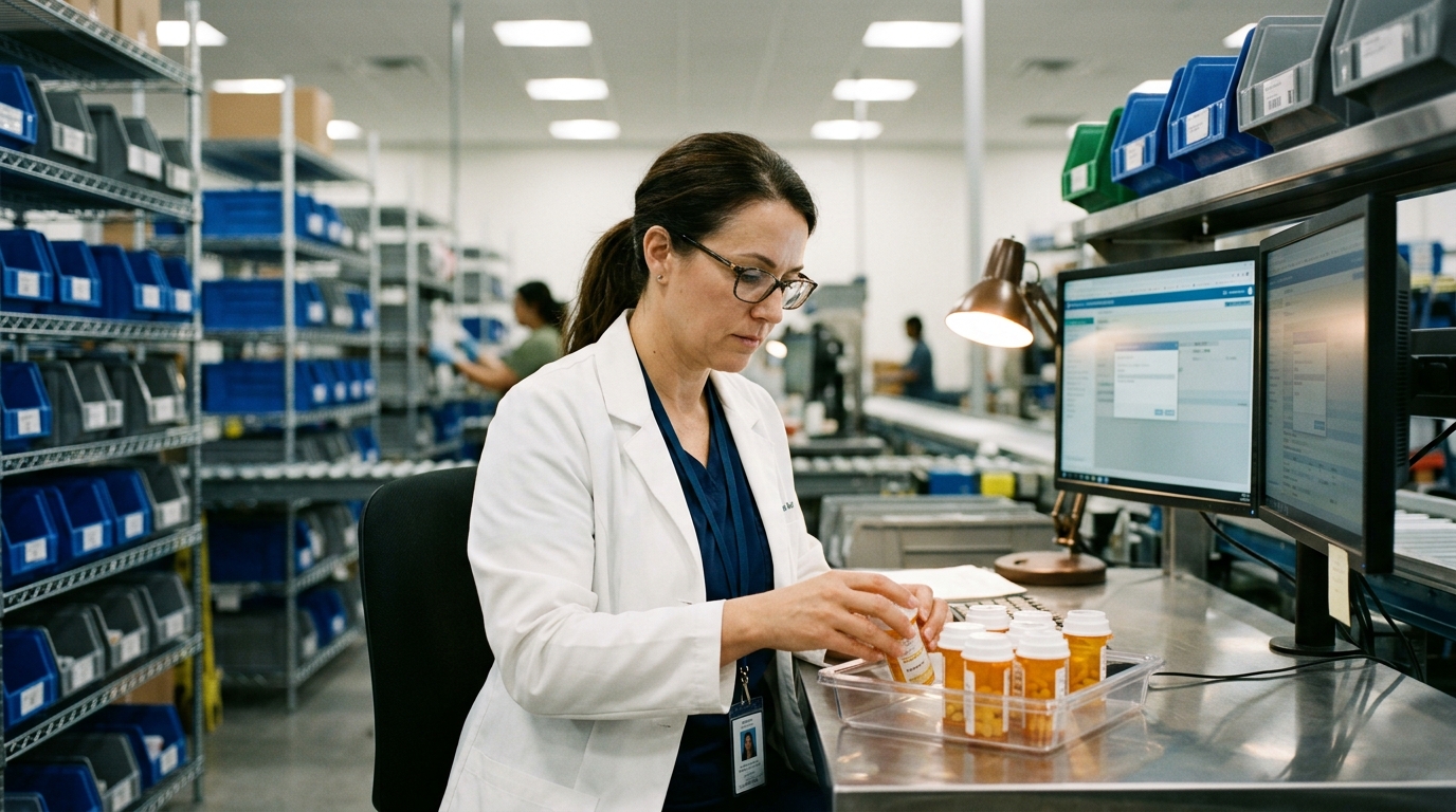 Pharmacist verifying prescriptions at the QA station