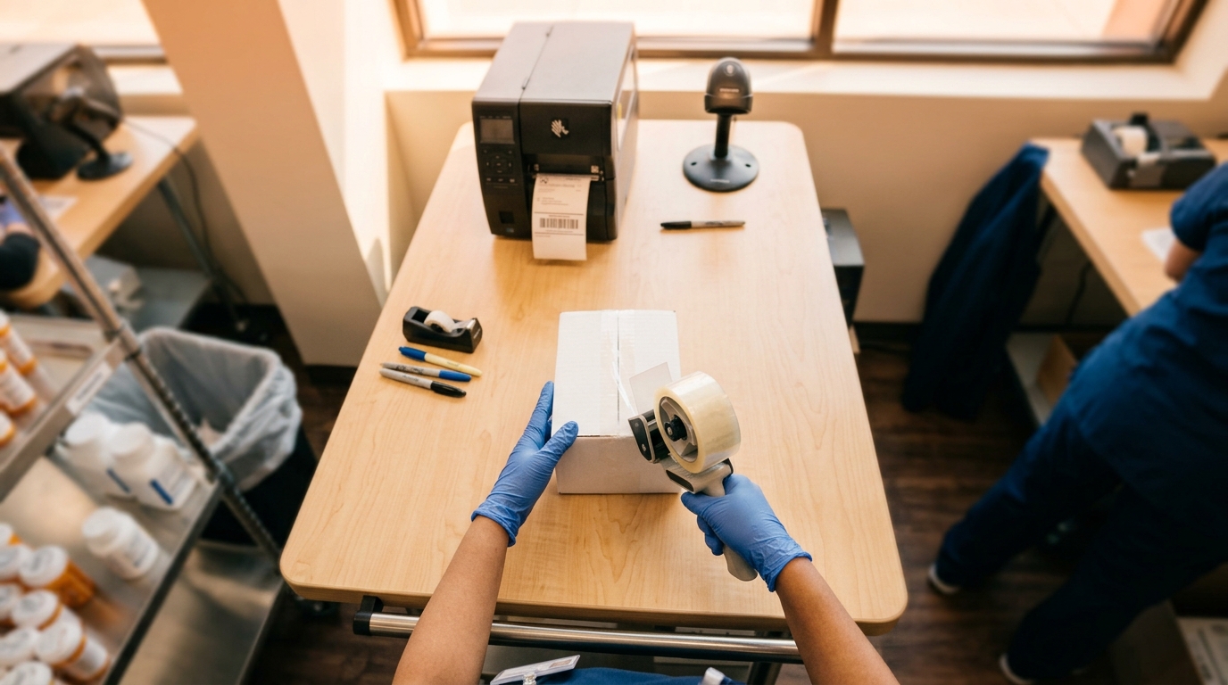 Technician sealing a prescription shipping box