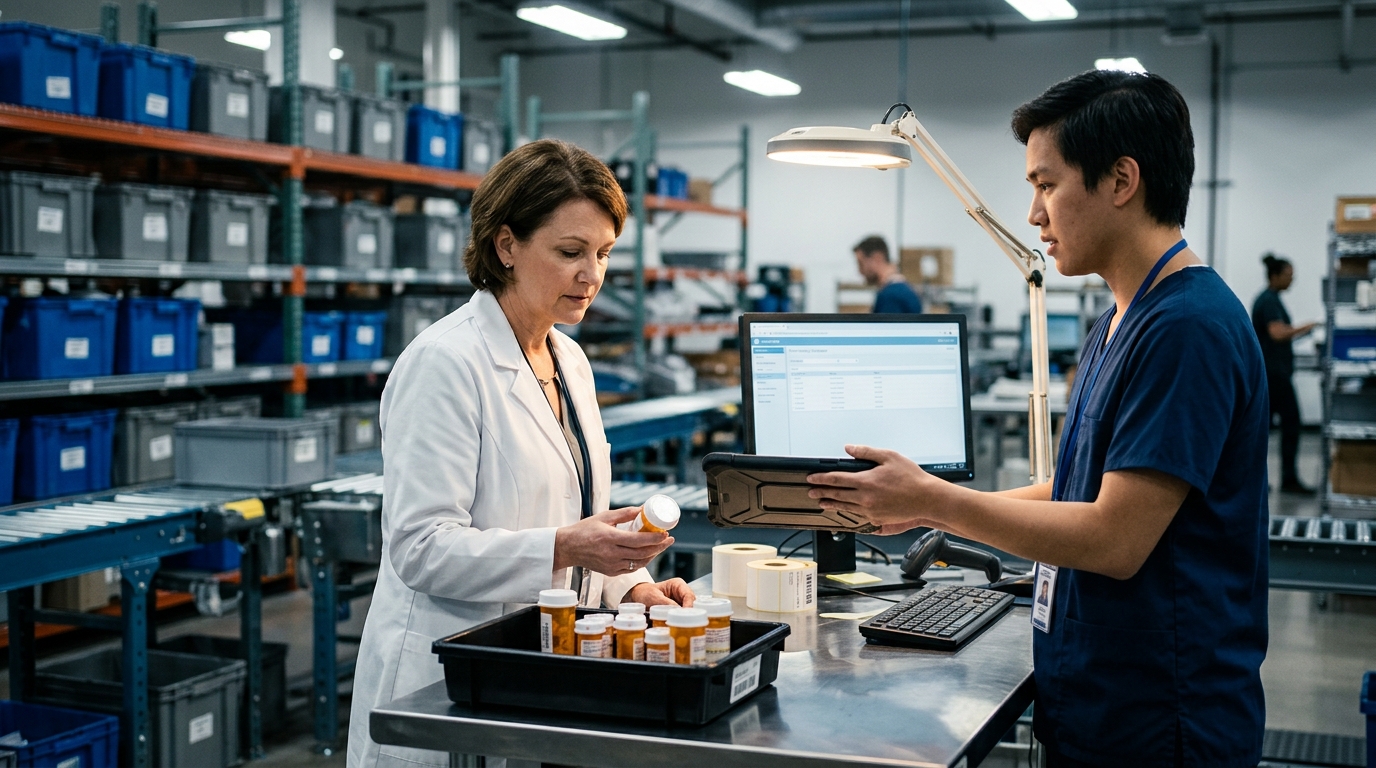 Pharmacist and technician double-checking an order at the verification bench