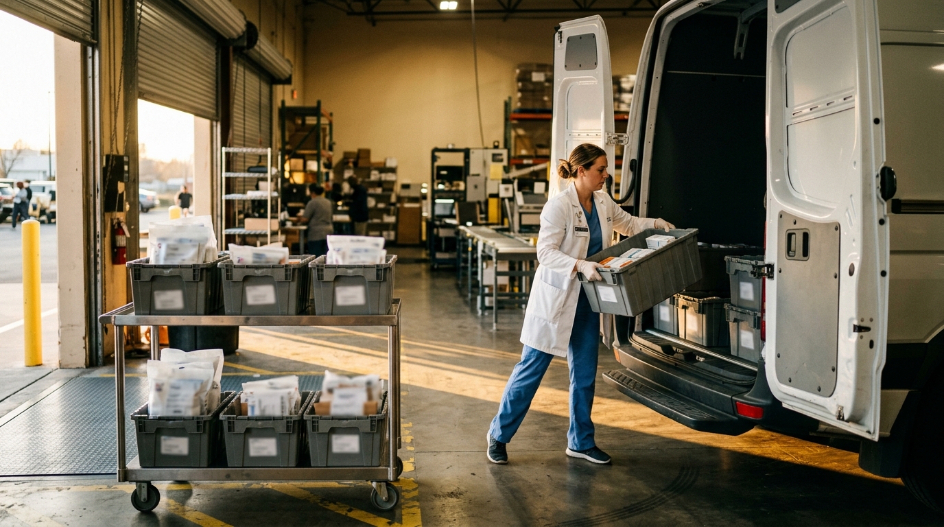 Technician loading shipping totes into a delivery van at the loading bay